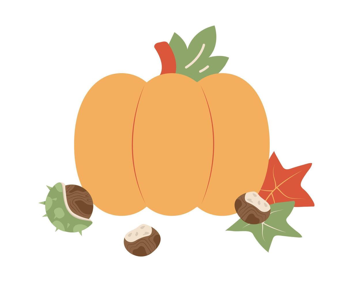 Pumpkin with chestnuts and leaves. Autumn warm illustration. Vegetables and nuts. Farm harvest. isolated object. Soft colors. illustration. vector