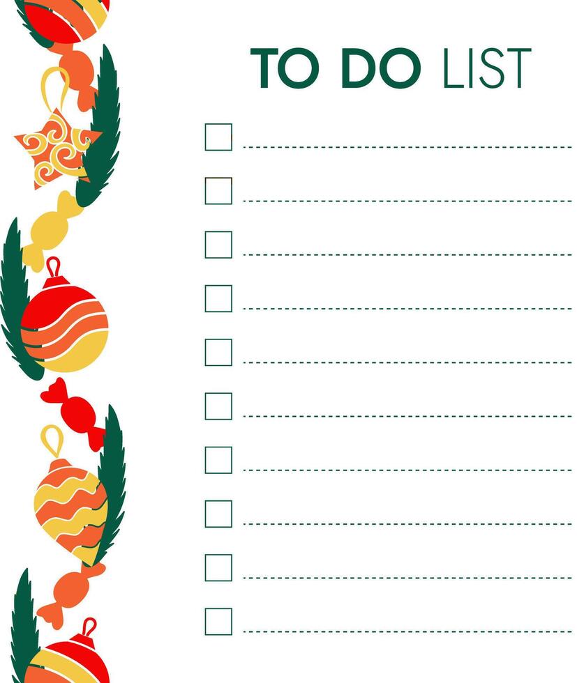 To-do list with New Year decorations. Christmas tree decorations, pine branches and candies. Blank template with place for check mark with festive Seamless brush on the right. illustration. vector