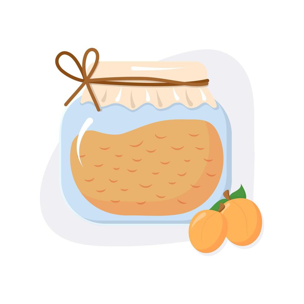 Glass jar with Apricot Jam with fruits. Two cute apricots, harvest. Canned food, stocks for the winter. Sweet food from grandma. Cartoon style. isolated object. illustration. vector
