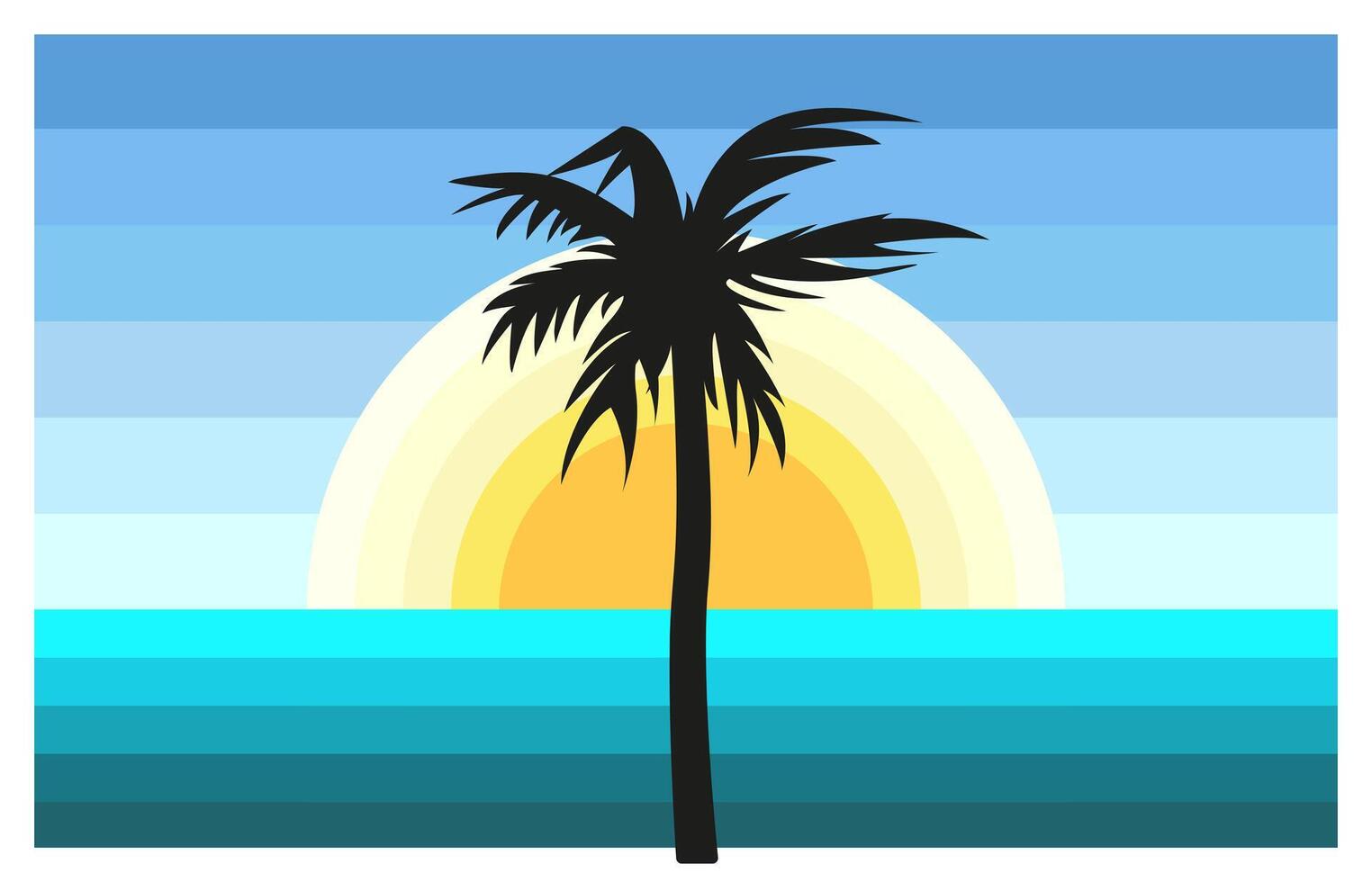 Landscape of the Ocean and the Sun with Palm Tree. Vaporwave. Black silhouette of a tropical tree. Color levels. Sunrise or sunset on the beach. Palm leaves. Game drawing. Nature. illustration vector