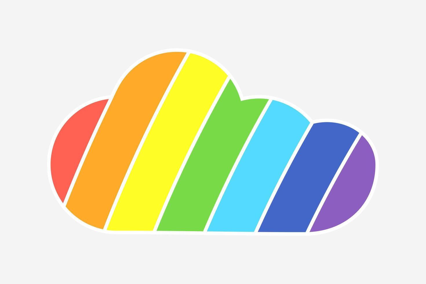 Rainbow striped cloud with white outline. Cloud silhouette. Spectrum of colors by sections. Climate Cloudiness. Logo or icon. Childhood. Multi-colored image. Isolated object. illustration. vector