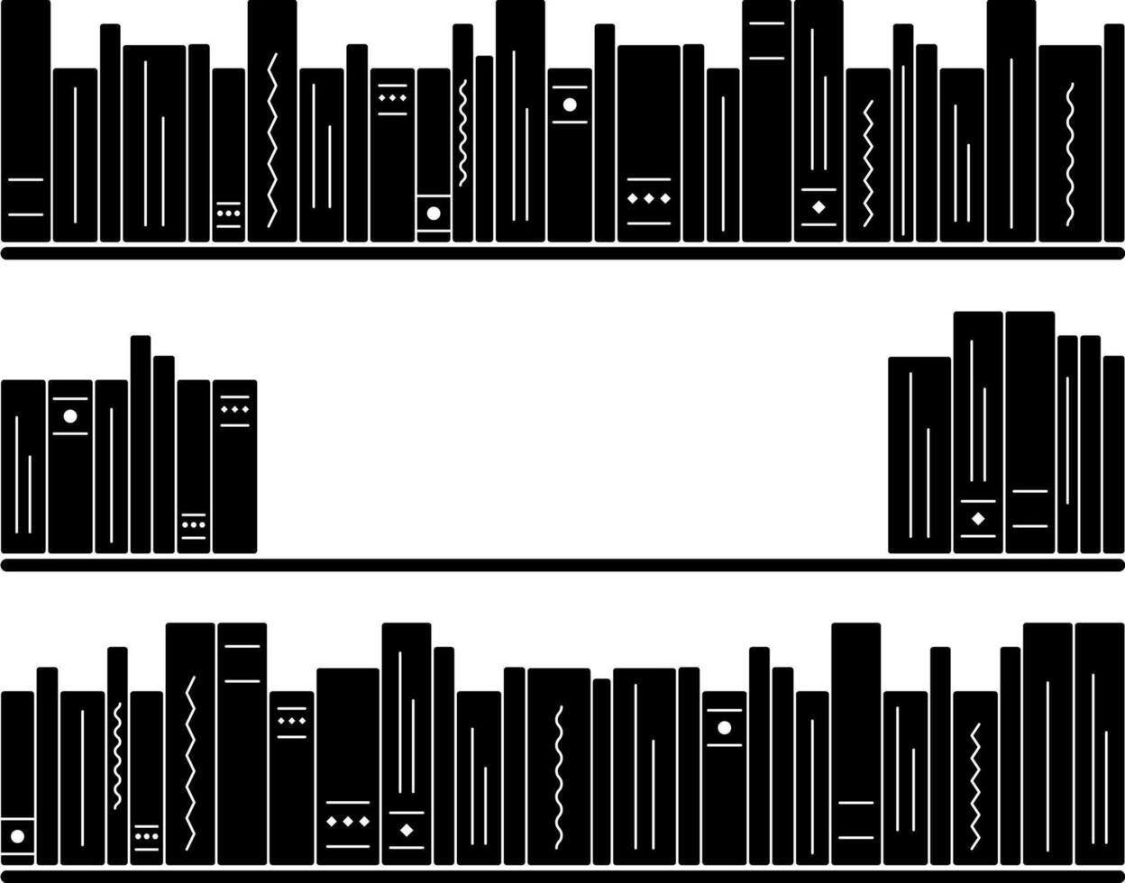 Silhouettes of Books on Shelves. Bookstore, home library. Literature spines, textbooks, encyclopedias. Place for text. Interior sticker. Reading, learning. Black and white image. illustration vector