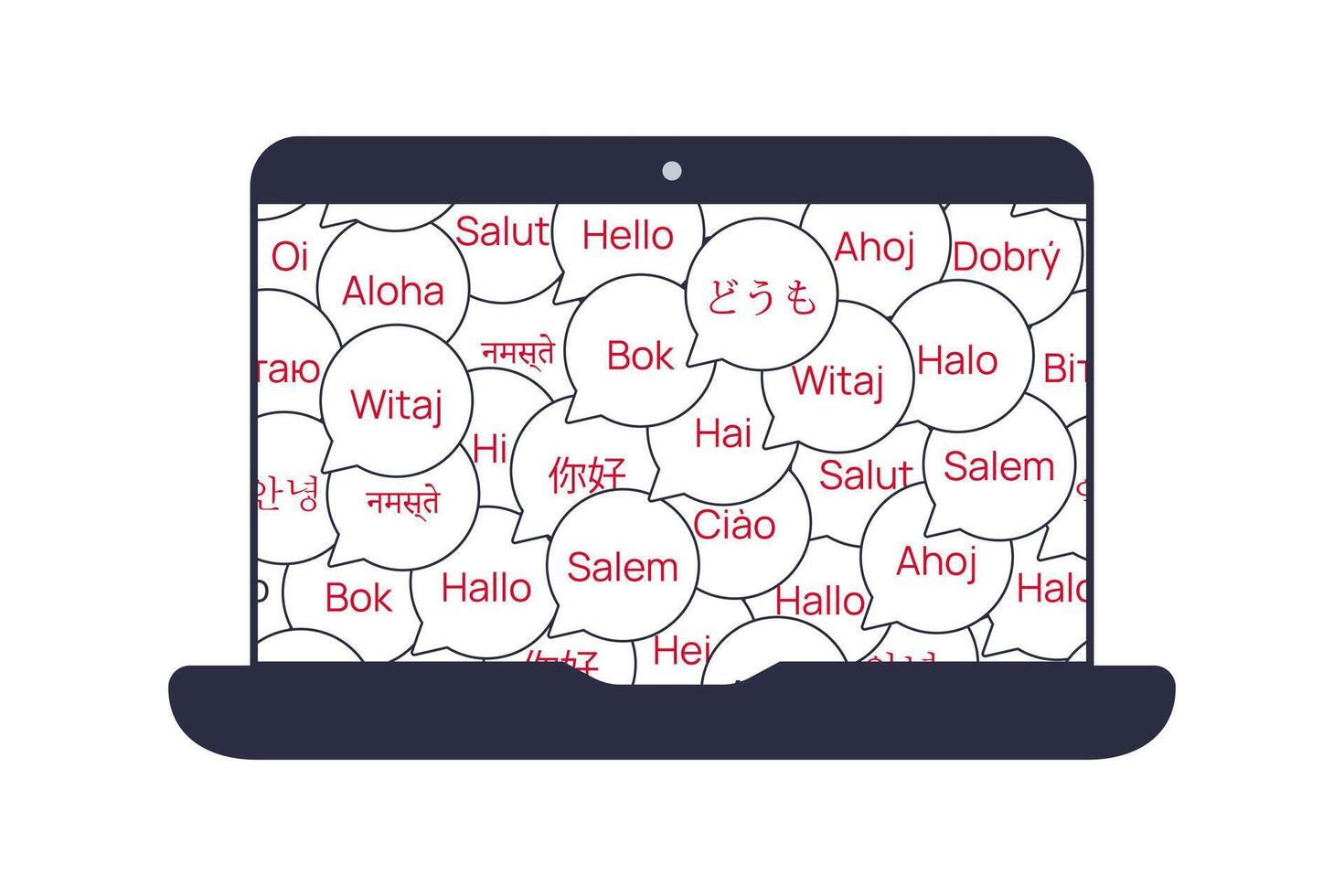 Foreign language teaching. Laptop with bubble text Hello. Portable Technology. Pattern of foreigners conversations and word translation. Online English course. Isolated object. illustration vector