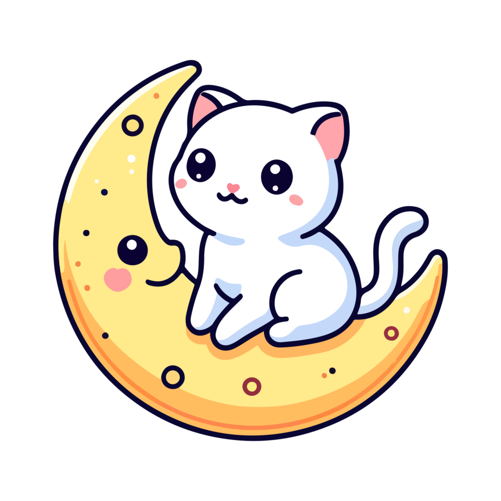 cartoon cute cat sitting on the moon icon character png