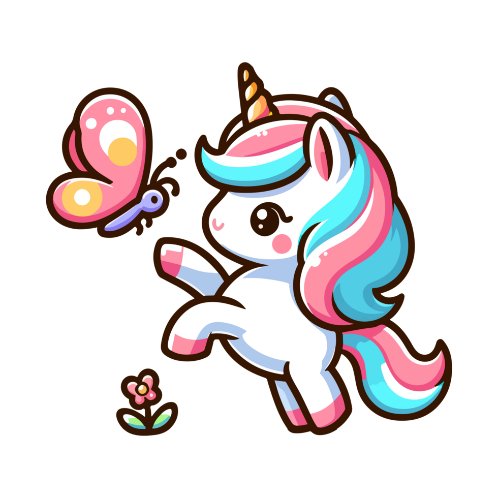 cartoon cute unicorn playing with butterfly icon character png