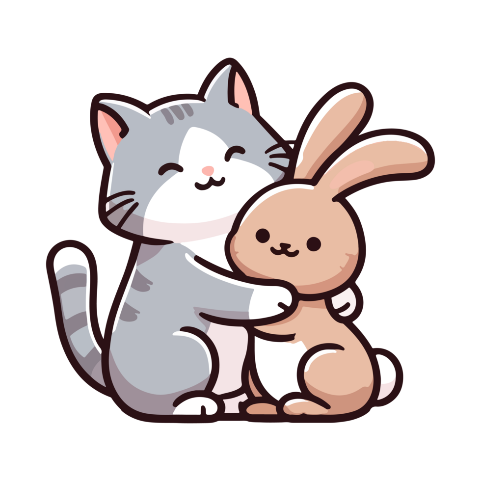 cartoon cute cat and rabbit hugging icon character png