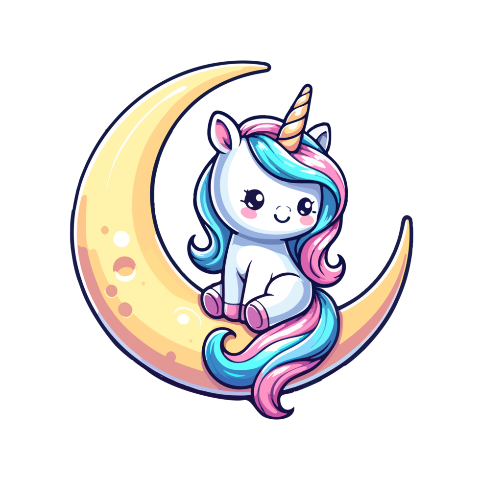 dessin animé mignonne Licorne séance sur le lune icône personnage png