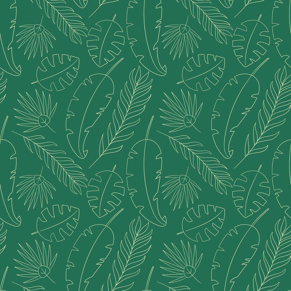 Contour tropical leaves pattern on a green background. Exotic Nature. Botanical print. Jungle. Palm leaves. Summer. Wrapping. illustration. vector