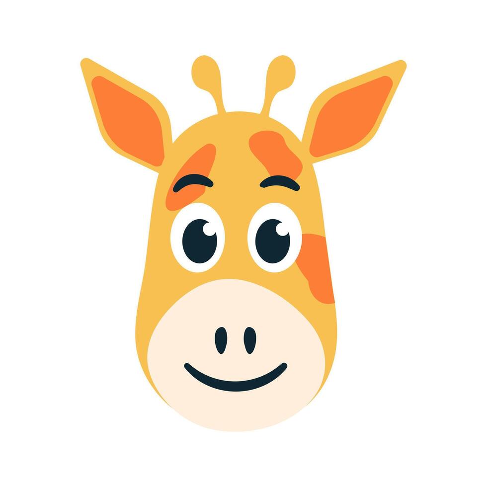 Head of a Cute Smiling Giraffe. Face of a Spotted Animal from Africa. Child character avatar. Image for the zoo. Bright colors. Isolated. illustration. vector