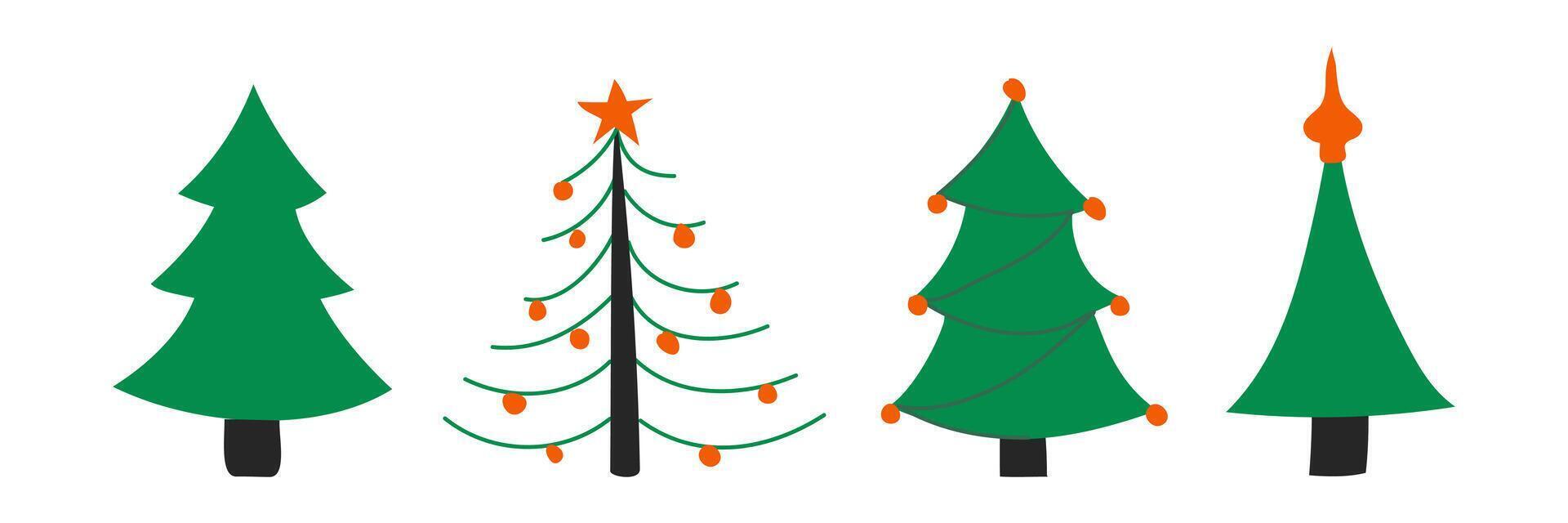 Set of drawn types of Christmas trees. Green decorated coniferous trees. New Year image. Christmas tree topper and balls. Children drawing. Isolated objects. illustration vector