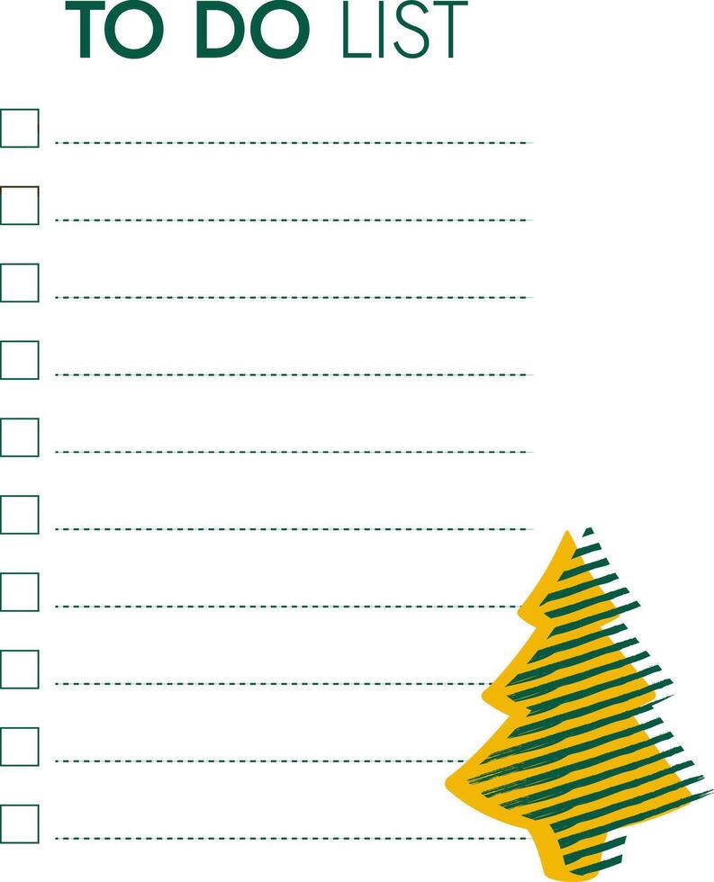 To-do list template for Christmas and New Year. Festive checklist with shape of striped Christmas tree. Lines and squares for writing. Conifer tree. Color image - green and yellow. illustration vector