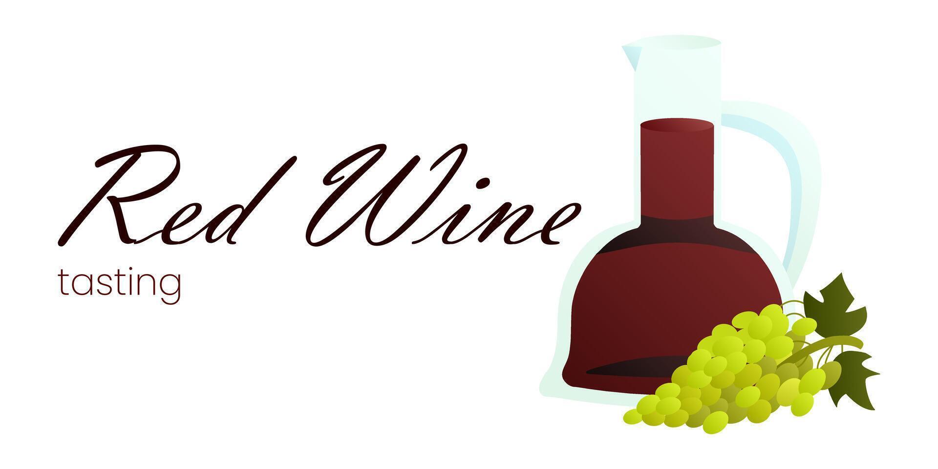 Red wine in a jug with grapes. Alcoholic drink. Sweet and dry wine in a glass vessel. Realistic three-dimensional objects. Winemaking. Text on the card. Gradient colors. Isolated. illustration. vector