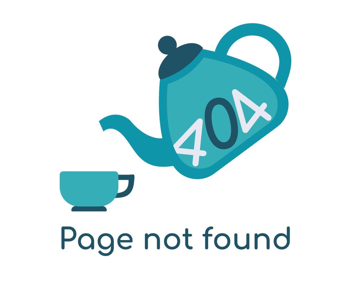 The teapot pours emptiness into the cup. In the teapot 404. Image for Page with text not found. Dishes for tea drinking. Web page with an error. Blue colors. Isolated item. illustration. vector