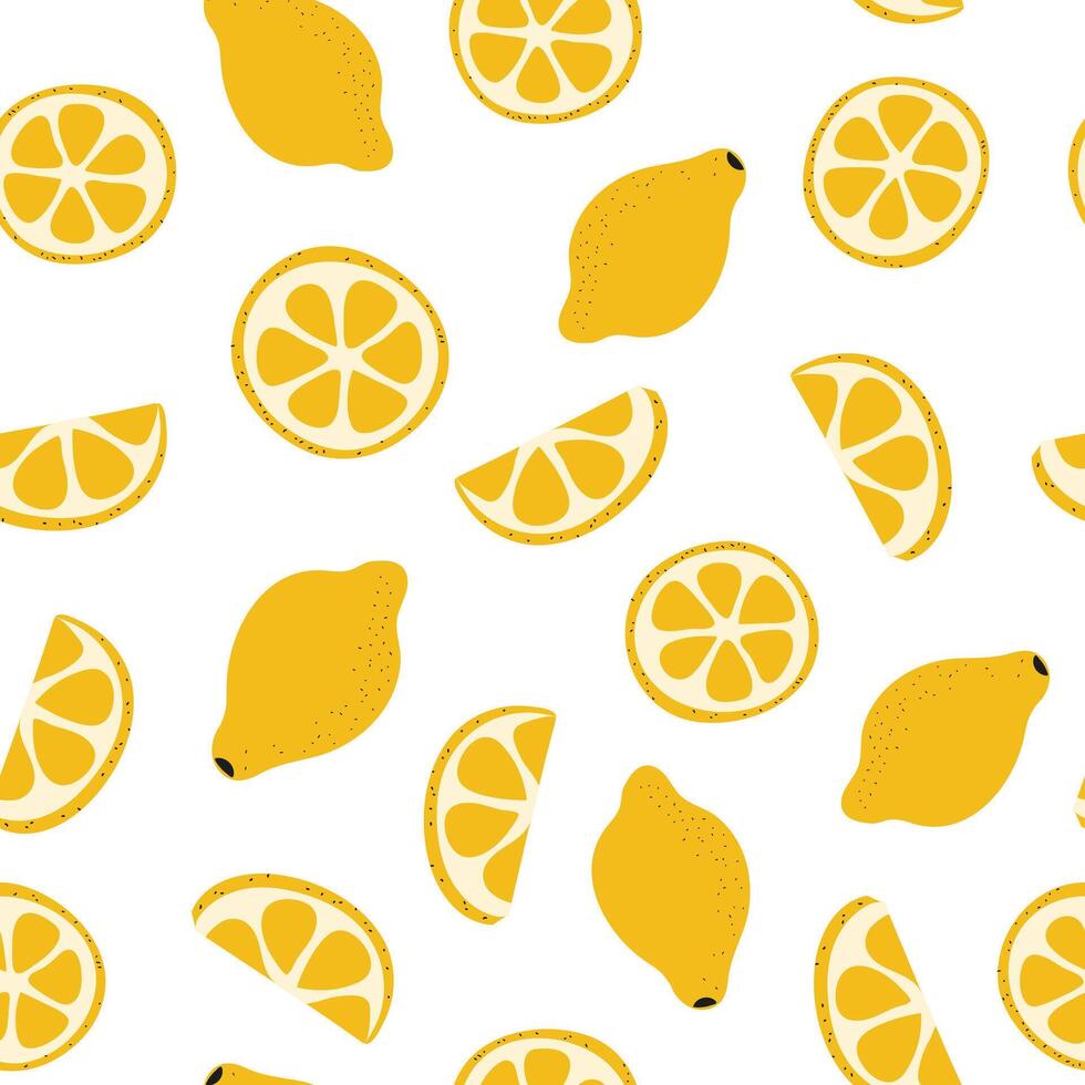 Pattern of lemons and slices on a white background. Citrus sour fruit. Yellow citron. Round piece and quarter. Scattered randomly. Hand drawn. Color image. illustration vector