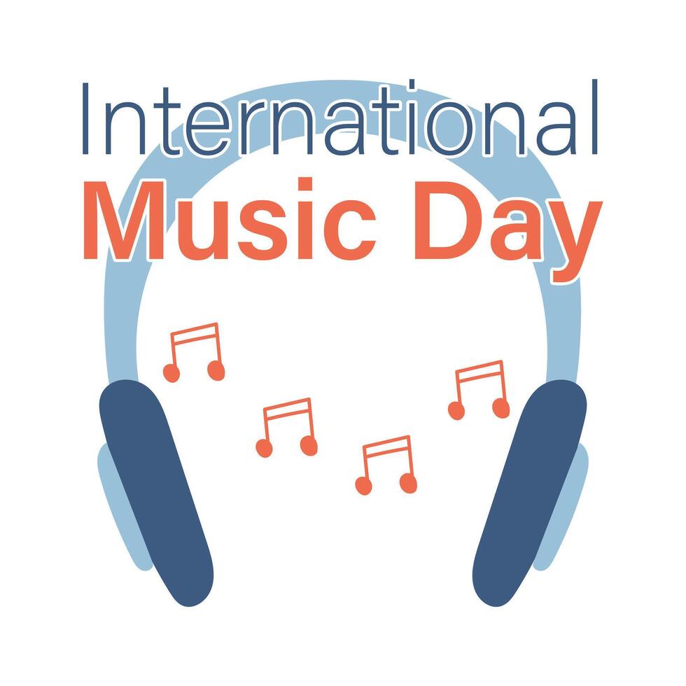 Congratulations on International Music Day. Notes flying out of the headphones. Listen to the melody. On-ear and Wireless headphones. Holiday text. Blue and orange color. Doodle. illustration. vector