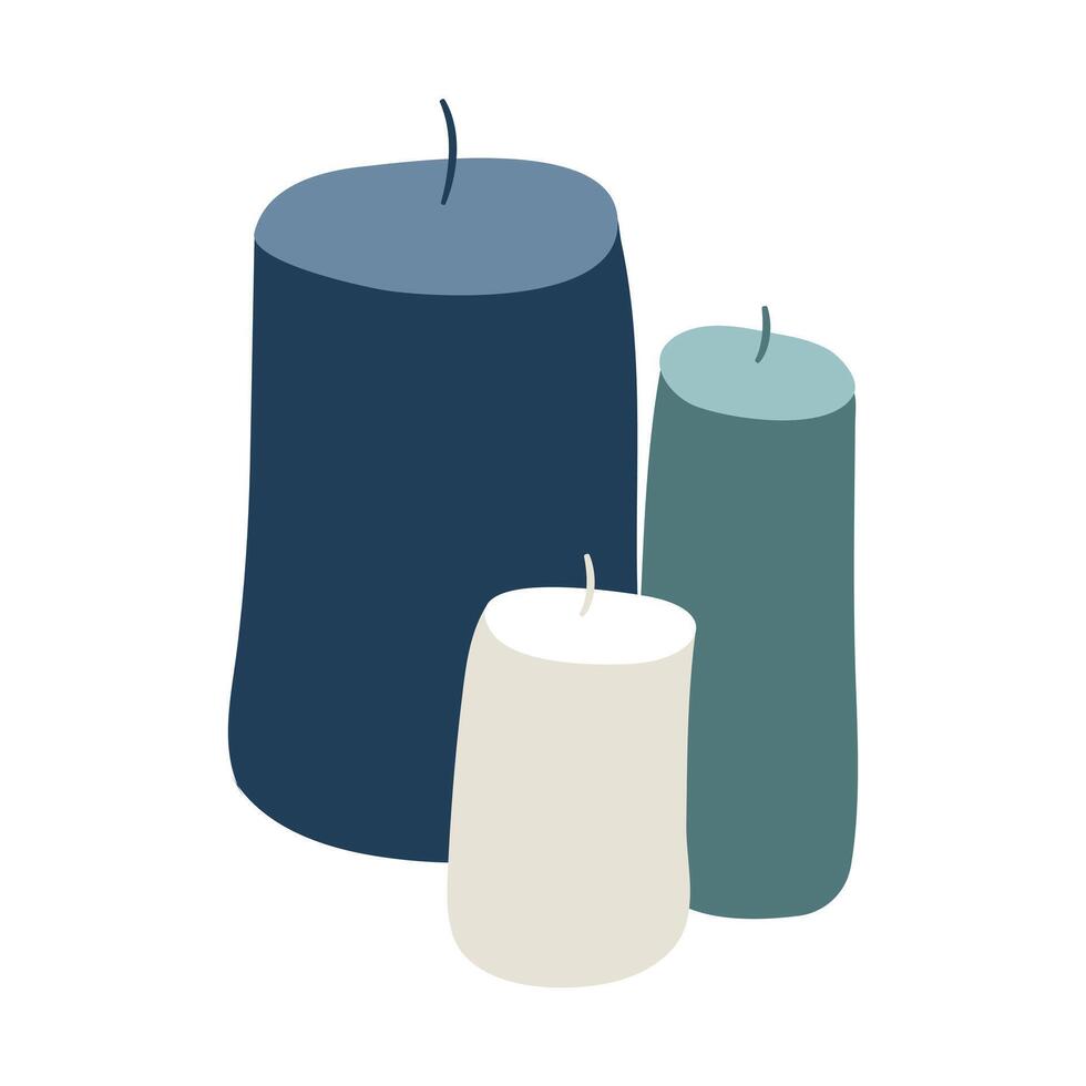 Group of candles. Scented tall and round candle. Handmade. Relax in spa. Cozy interior item. Romance. Isolated object. Color image - cold shades. Doodle style. illustration vector