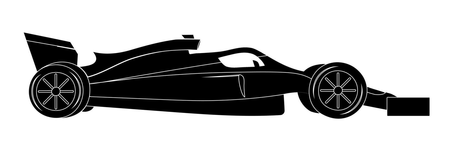 Black silhouette of a Formula one car with white outlines. Racing car side view. Wheels, spoilers and halo. Form High-speed transport. Isolated on white background. illustration. vector