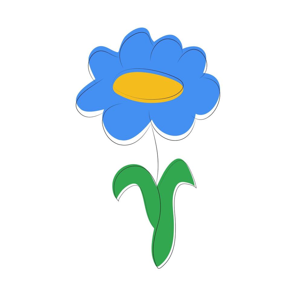 Child's drawing of a blue flower. Field Chamomile or Cornflower. Botany, nature. Plant. Hand drawn. Color image with outline. Isolated object. illustration vector