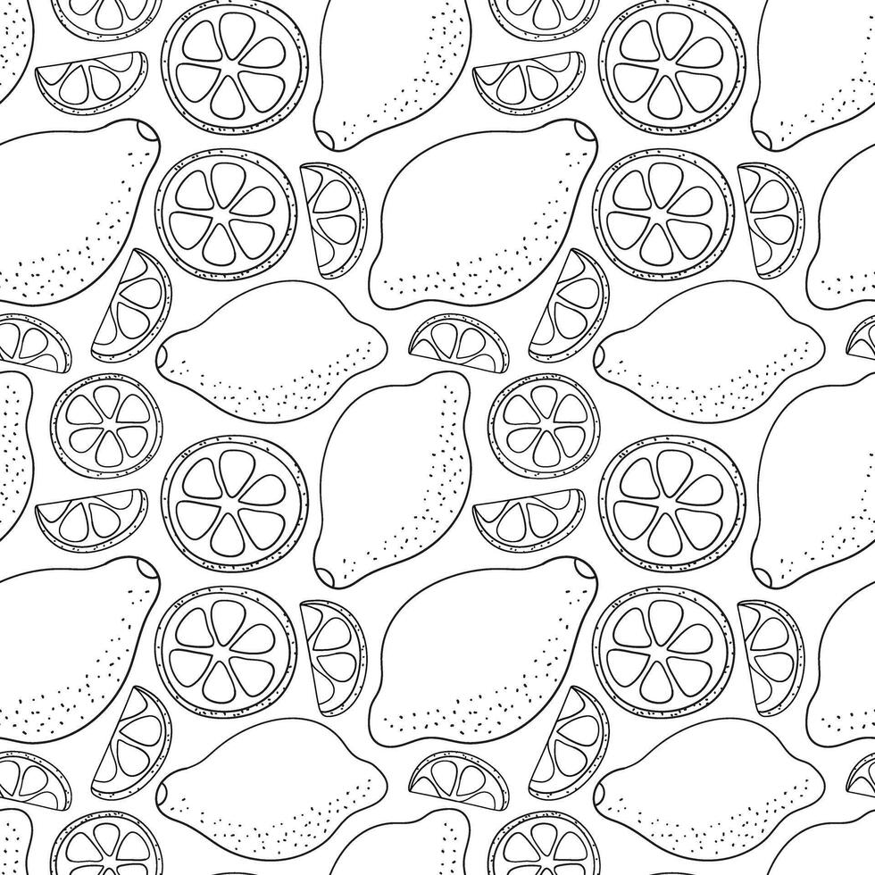 Pattern of contour lemons and a piece of circles. Citrus fruits on a white background. Harvest. Sour Healthy food. Seamless linear print. Hand drawn with pencil. illustration. vector