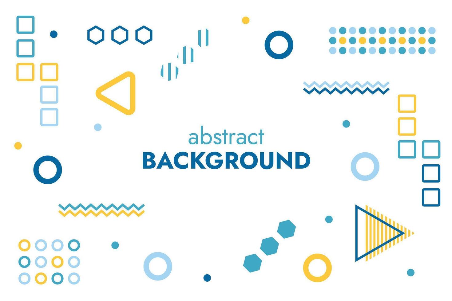 Abstract background of geometric shapes. Wallpaper in blue and yellow. Triangles, circles and squares. Zigzags, lines and waves. Memphis style. Striped. Backdrop white background. illustration. vector