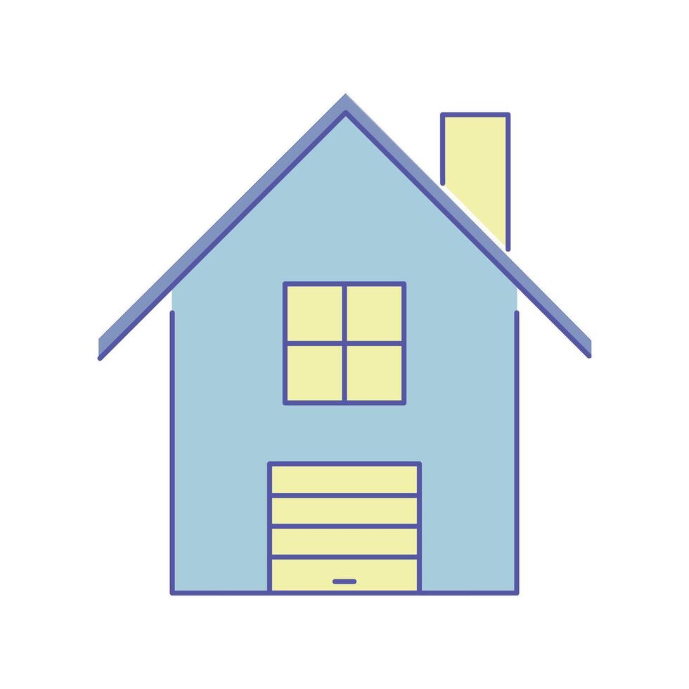 House facade with garage and chimney. Two-story Private home or cottage with a roof. Simple image. Property. Isolated object. Color illustration with outline - blue and yellow colors. icon. vector