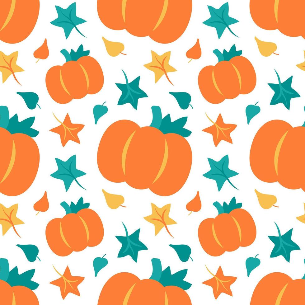 Pattern Pumpkin with Leaves on a white background. Autumn print with maple and oak leaves and Harvest. Vivid colors are orange, green and yellow. Flat design. illustration. vector