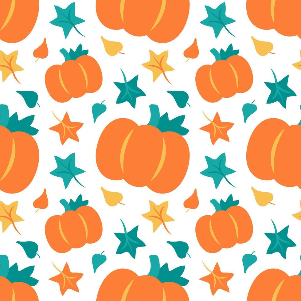 Pattern Pumpkin with Leaves on a white background. Autumn print with maple and oak leaves and Harvest. Vivid colors are orange, green and yellow. Flat design. illustration. vector