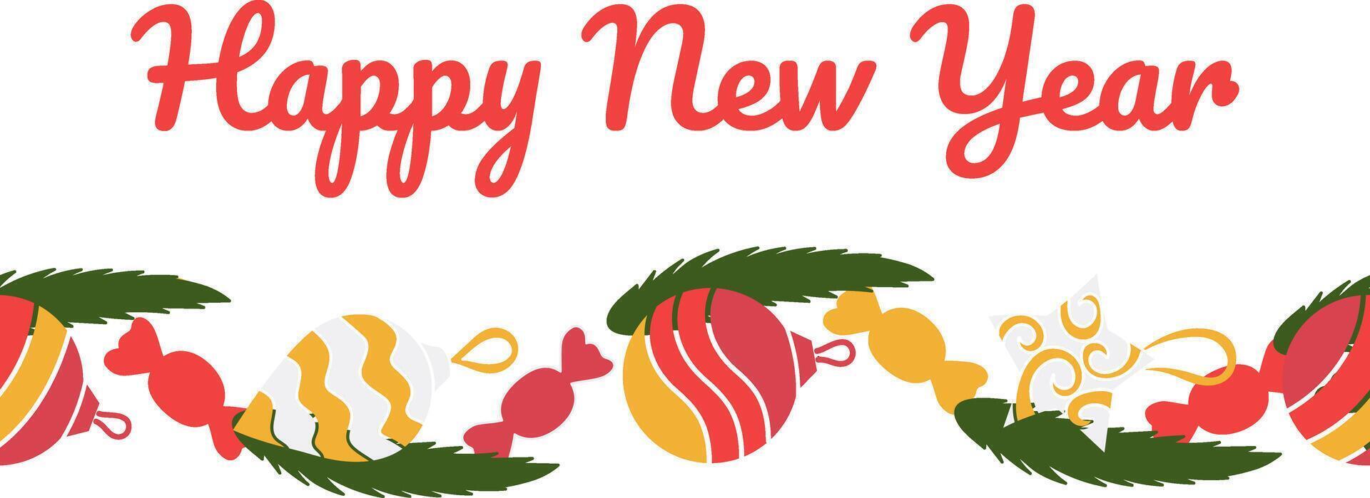 Christmas tree branch with Christmas toys. Happy New Year text. Candies. Festive decoration. Congratulations on a postcard on a white background. Seamless brush. illustration vector
