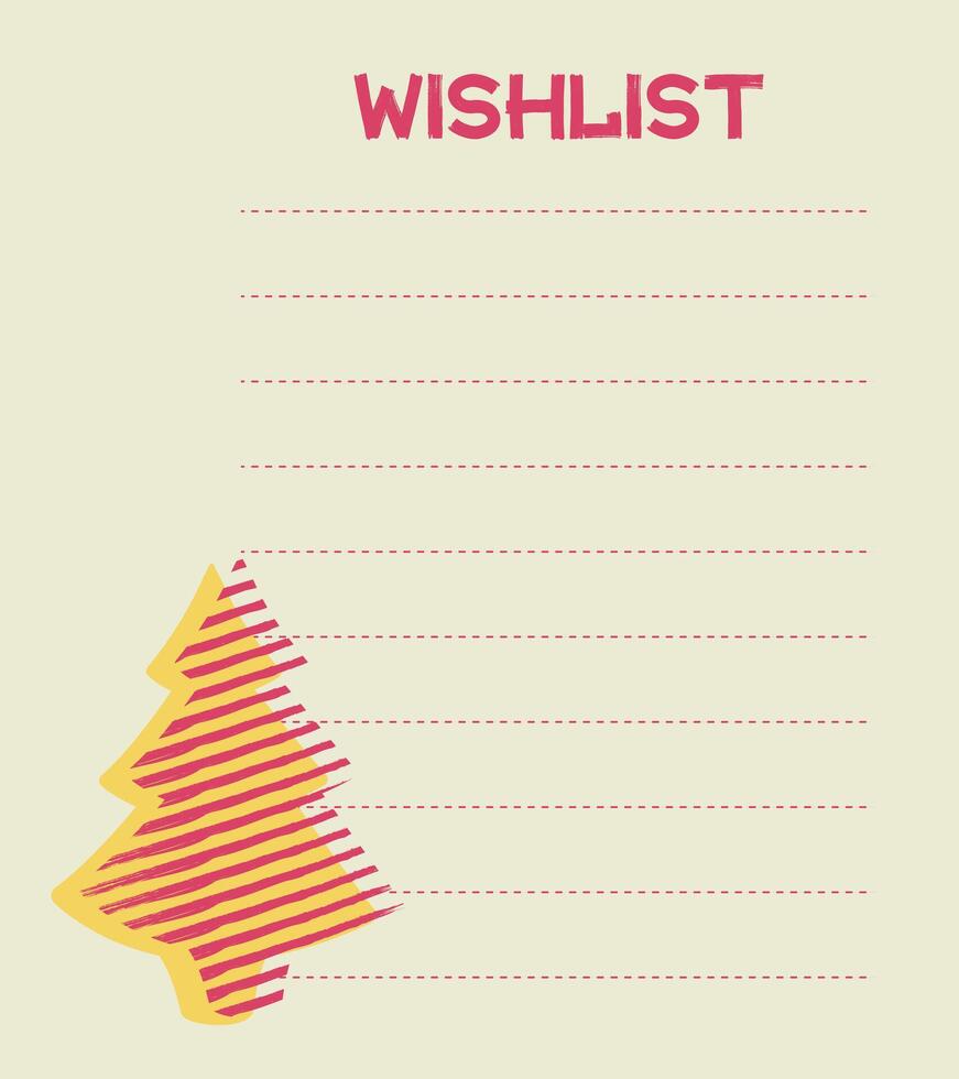 Wish list with a Christmas tree for the new year. Blank template with stripes for list. Striped conifer shape on yellow paper. Wishlist template. Color image - pink and yellow. illustration vector