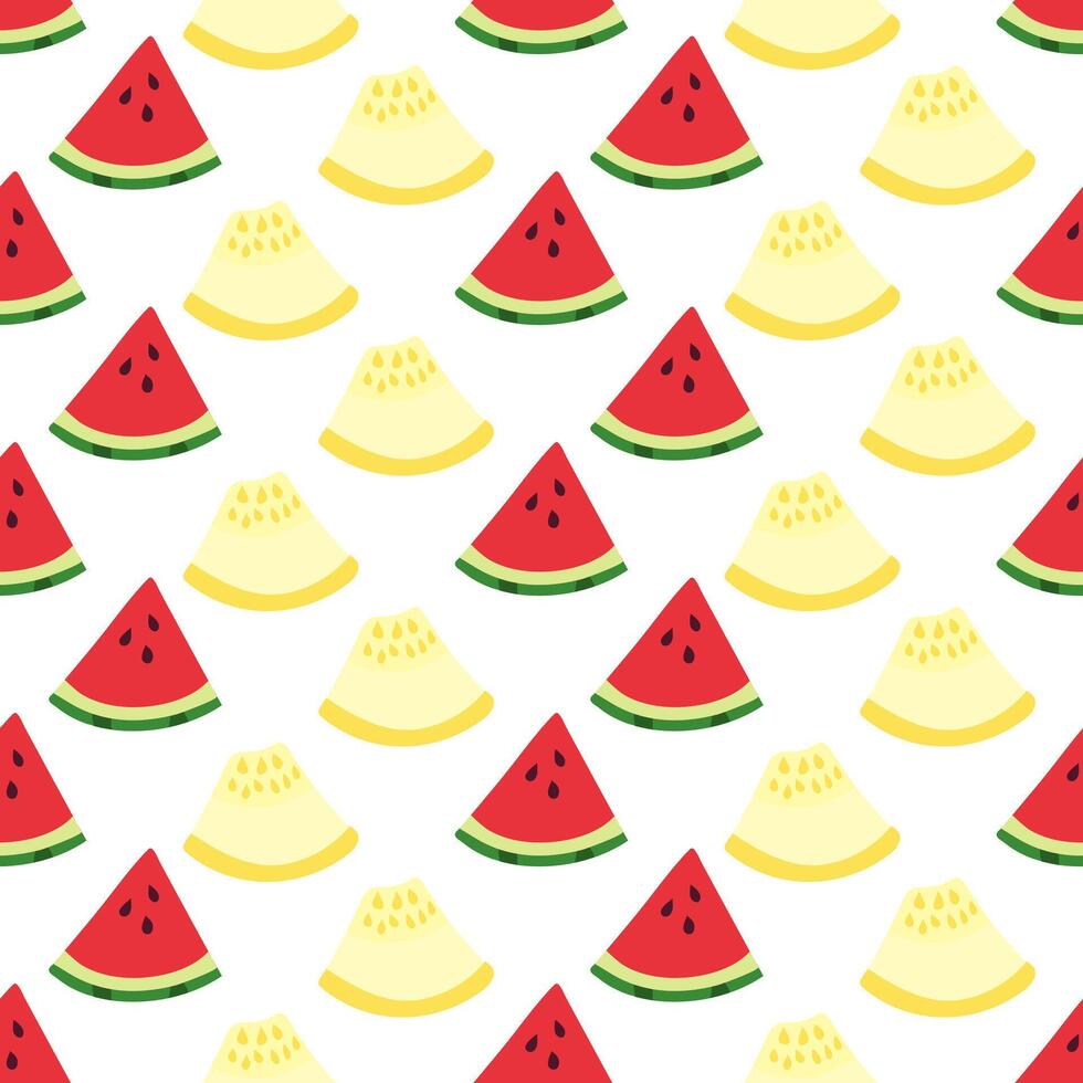 Pattern Pieces of watermelon and yellow melon. Triangle cut. Summer seamless pattern. Sweet fruits. Pulp with seeds. Juicy Food. Color image. isolated object. illustration. vector