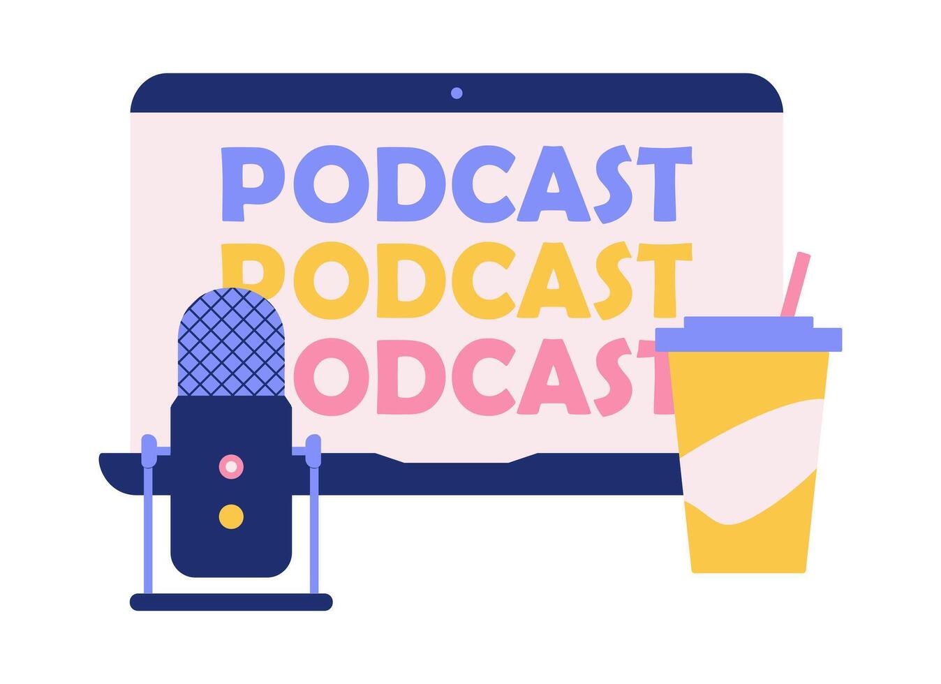 Podcast recording - laptop, microphone and glass of coffee. Stand with micro. Disposable cup with hot drink. Podcast is written on technology display. Bright colors. Flat design. illustration vector