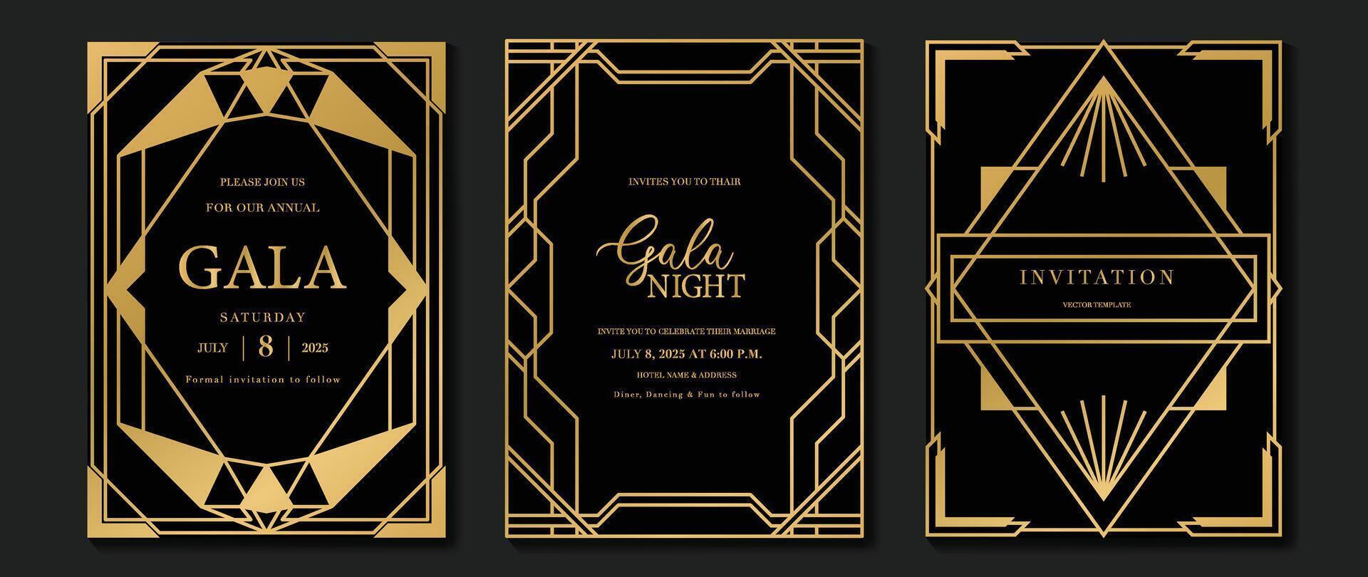 Luxury invitation card background . Elegant classic antique design, gold lines gradient on dark background. Premium design illustration for gala card, grand opening, art deco. vector
