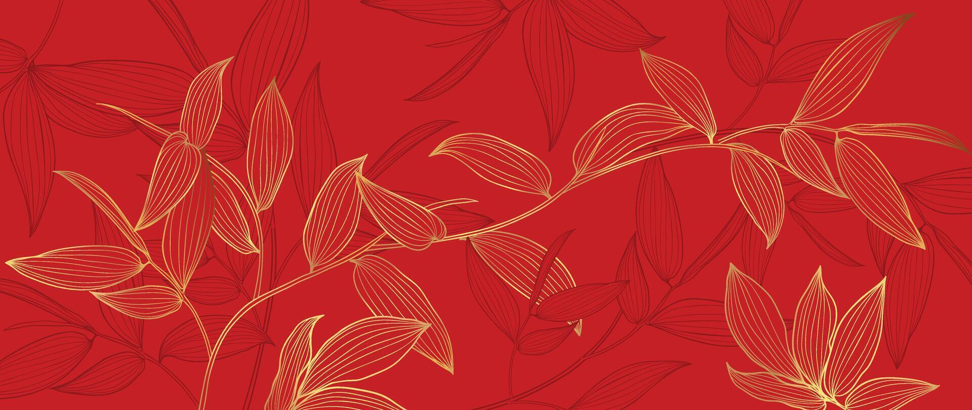 Happy Chinese new year background . Luxury wallpaper design with leaves gold line art on red background. Modern luxury oriental illustration for cover, banner, website, decor. vector