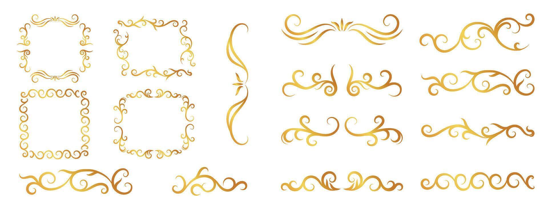 Luxury gold ornate invitation set. Collection of ornamental curls, dividers, border, frame, corner, components. Set of elegant design for wedding, menus, certificates, logo design, branding. vector