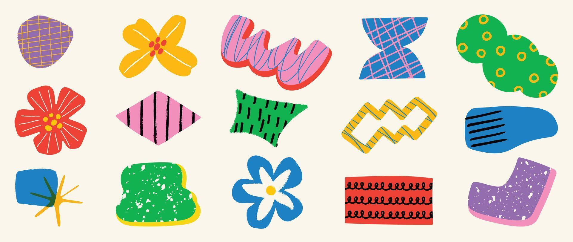 Set of abstract retro organic shapes . Collection of contemporary figure, flower, leaf, mountain in funky groovy style. Cute hippie design element perfect for banner, print, stickers. vector