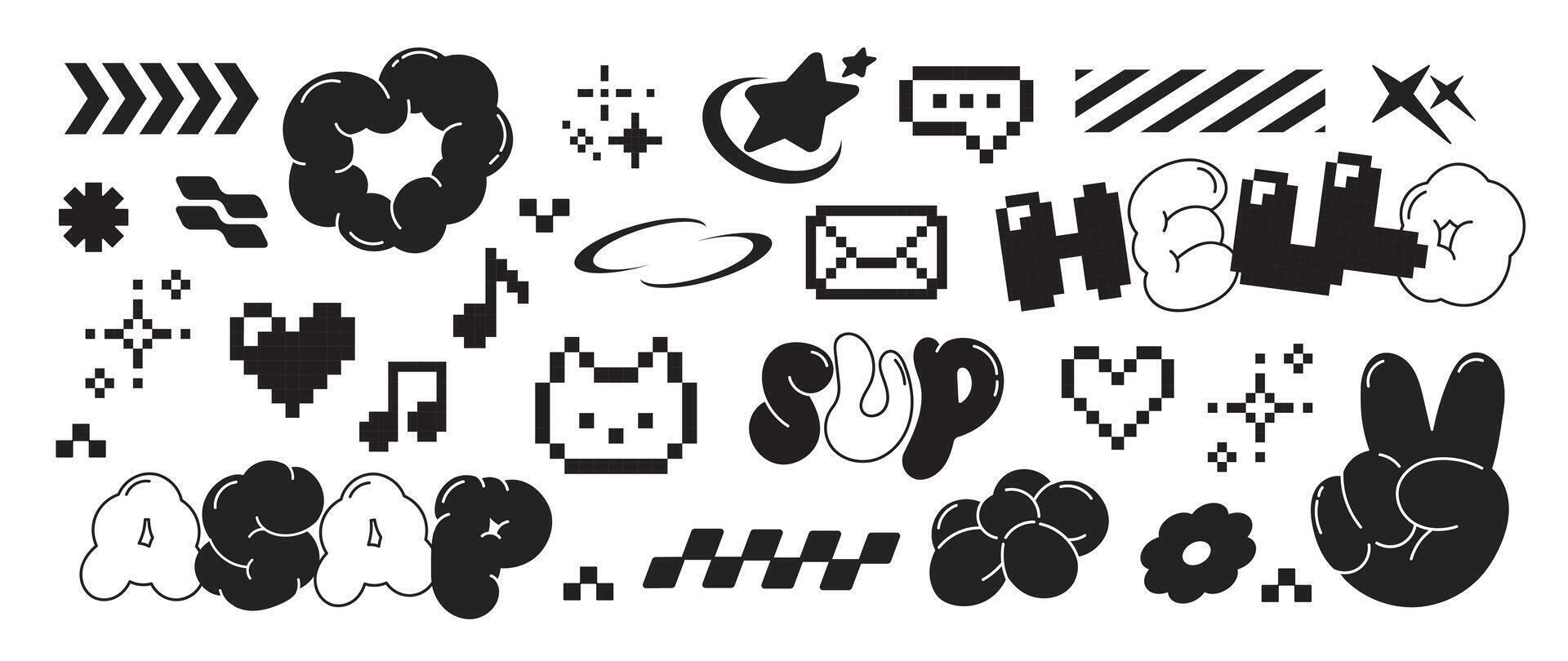 Set of y2k style elements . Hand drawn collection of heart pixel, fluffy, flower, rabbit, envelope, organic shape in black and white color. Design for print, cartoon, card, decoration, sticker. vector