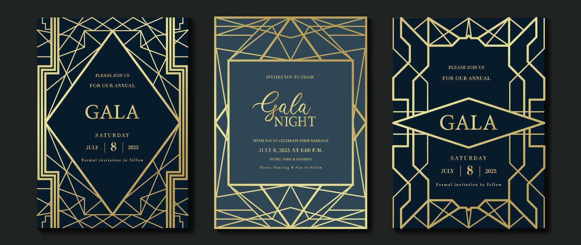 Luxury invitation card background . Elegant classic antique design, gold lines gradient on dark blue background. Premium design illustration for gala card, grand opening, art deco. vector