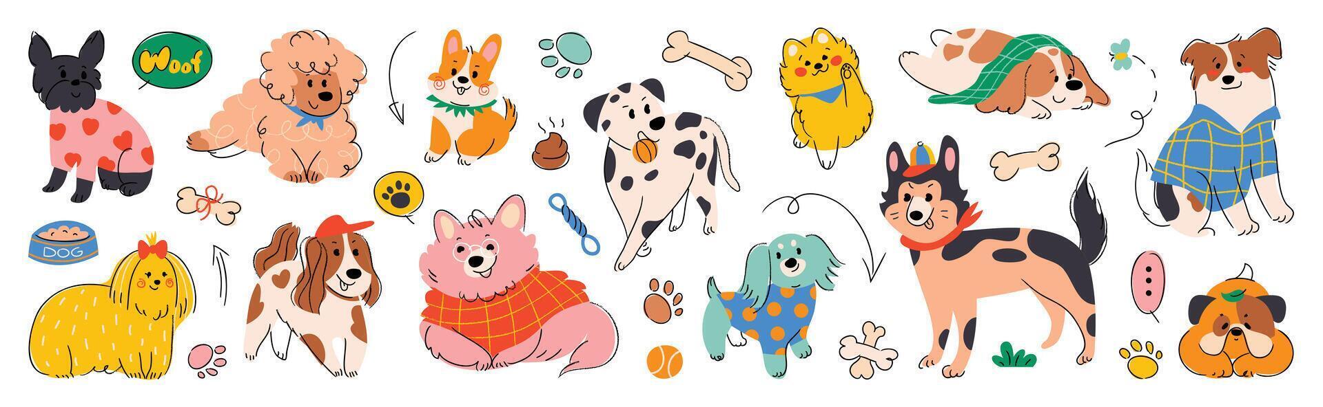 Set of cute dogs clipart . Lovely dog and friendly puppy doodle pattern in different poses and breeds with costume. Adorable funny pet and many characters hand drawn collection. vector