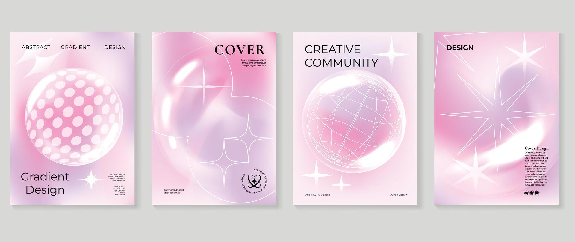 Abstract gradient fluid liquid cover template. Set of modern poster with vibrant graphic color, hologram, circle bubbles elements. Minimal style design for brochure, flyer, wallpaper, banner. vector