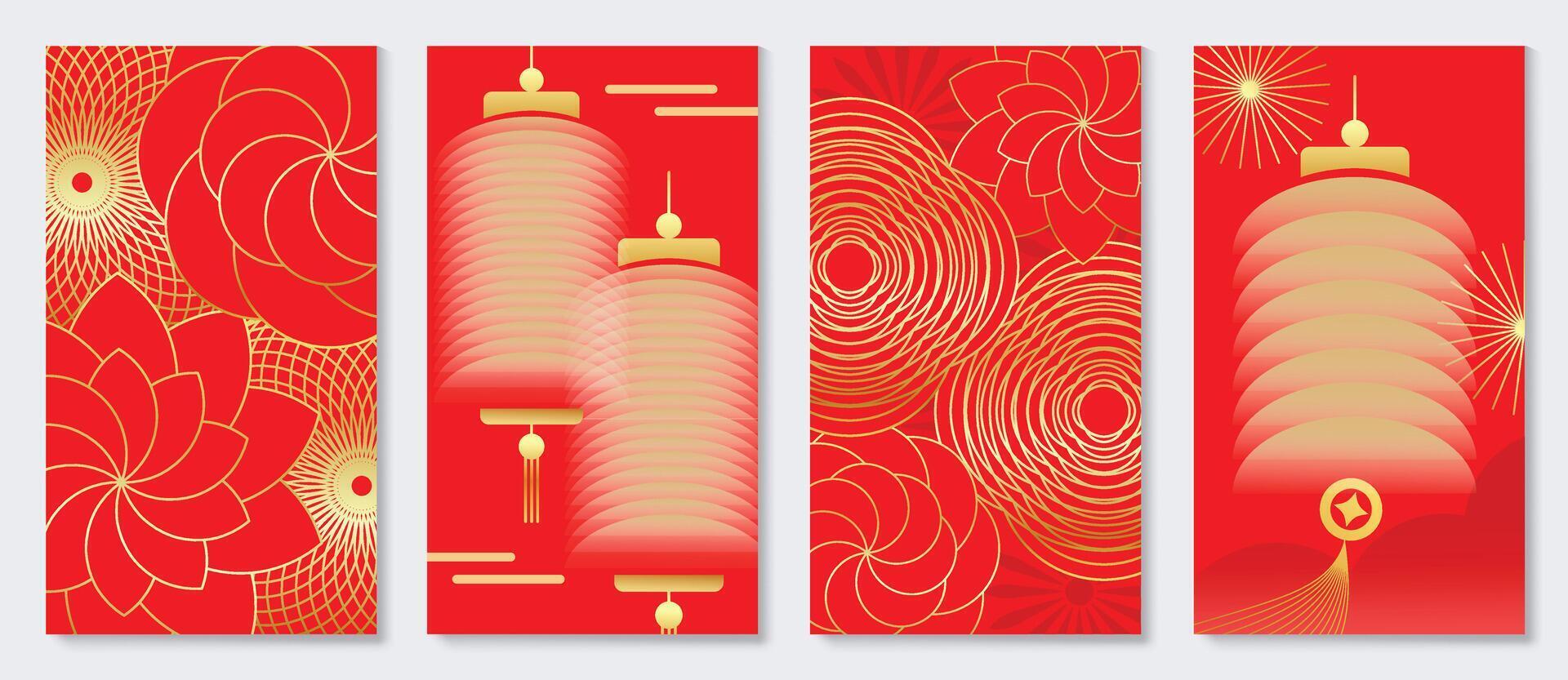 contento chino nuevo año cubrir antecedentes . lujo antecedentes diseño con dorado chino linterna, flor, Fuegos artificiales. elegante oriental ilustración para cubrir, bandera, sitio web, calendario, tarjeta. vector