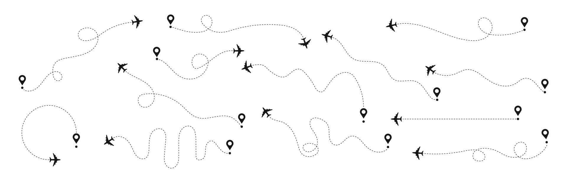 Plane flight path set. Airplane flying dotted line to destination collection. vector