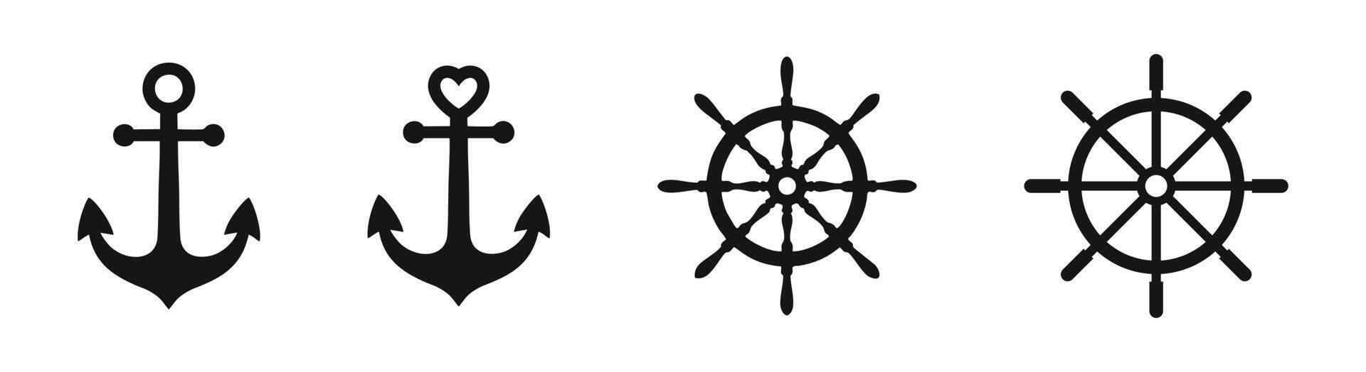 Anchor and steering wheel icons. Anchors and rudder icon set. vector