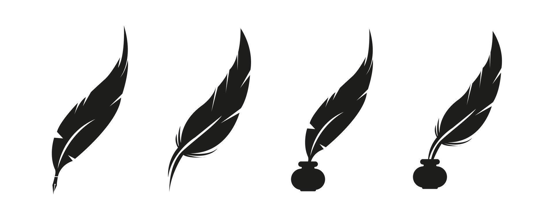 Feather pen silhouette. Ink writing tool icons. vector