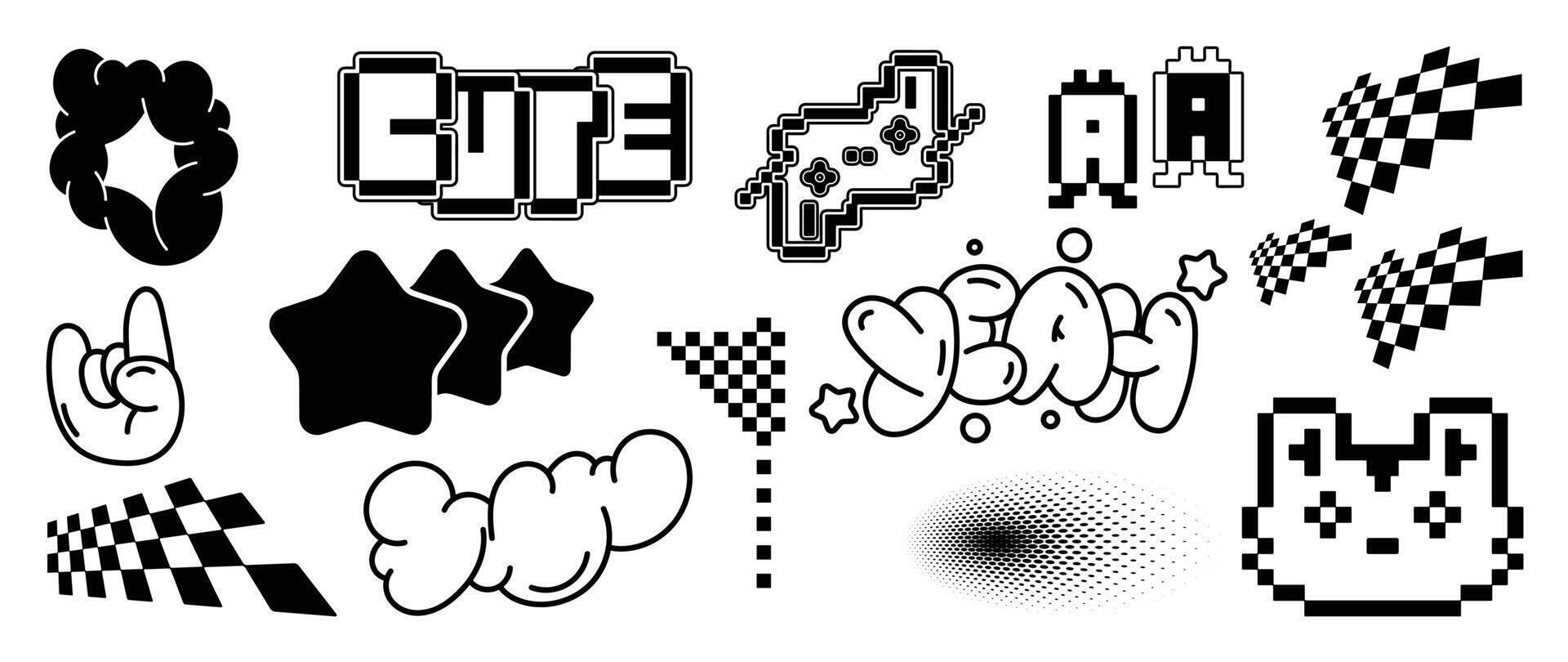 Set of y2k style elements . Hand drawn collection of fluffy, heart pixel, cat, flag, text, halftone, organic shape in black and white color. Design for print, cartoon, decoration, sticker. vector