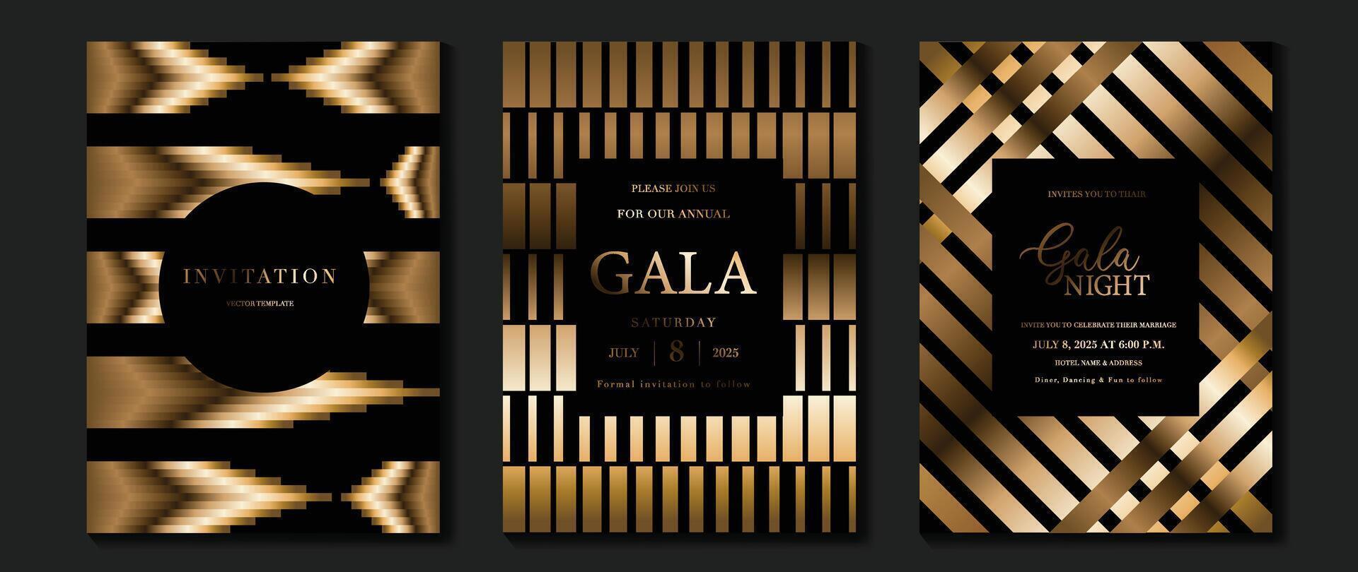 Luxury invitation card background . Golden elegant geometric shape, gold lines gradient on dark background. Premium design illustration for gala card, grand opening, wedding, party invitation. vector