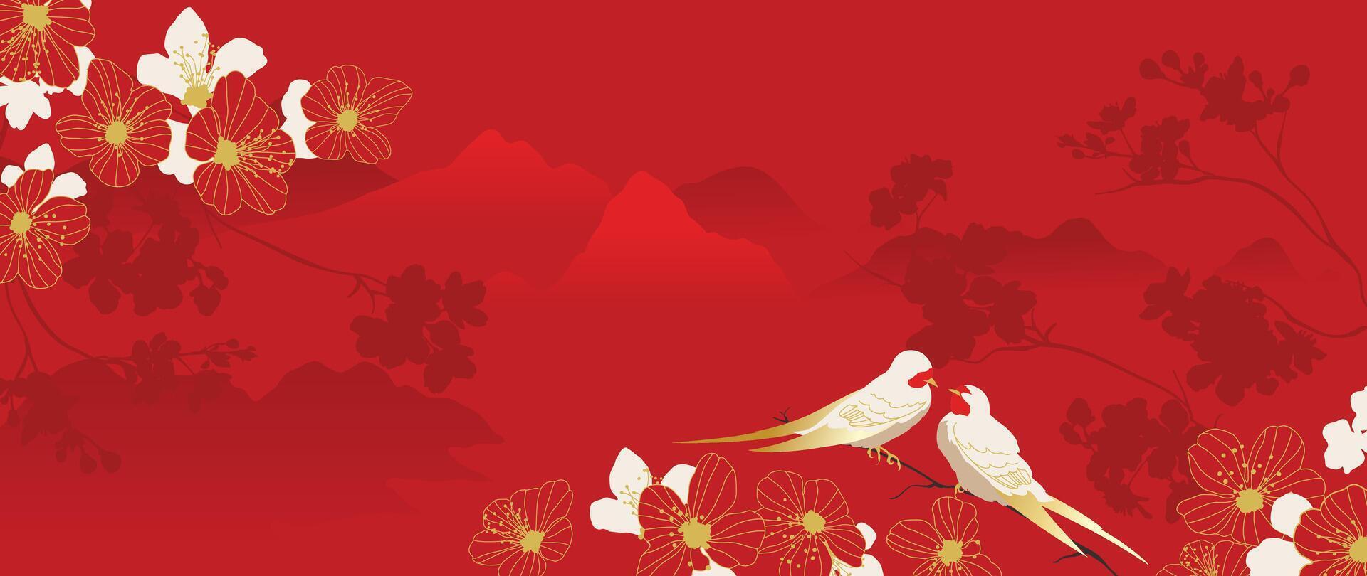 Happy Chinese new year background . Luxury wallpaper design with chinese flower, bird, mountain on red background. Modern luxury oriental illustration for cover, banner, website, decor. vector