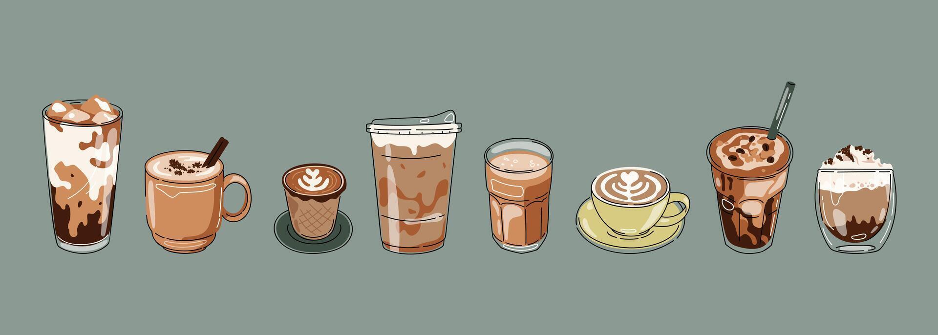 caliente y frío café bebida con linda garabatear decoración. Café exprés, americano taza, capuchino y latté en lentes. ilustración mezclado café para logo, anuncios, promoción, marketing, bandera. vector