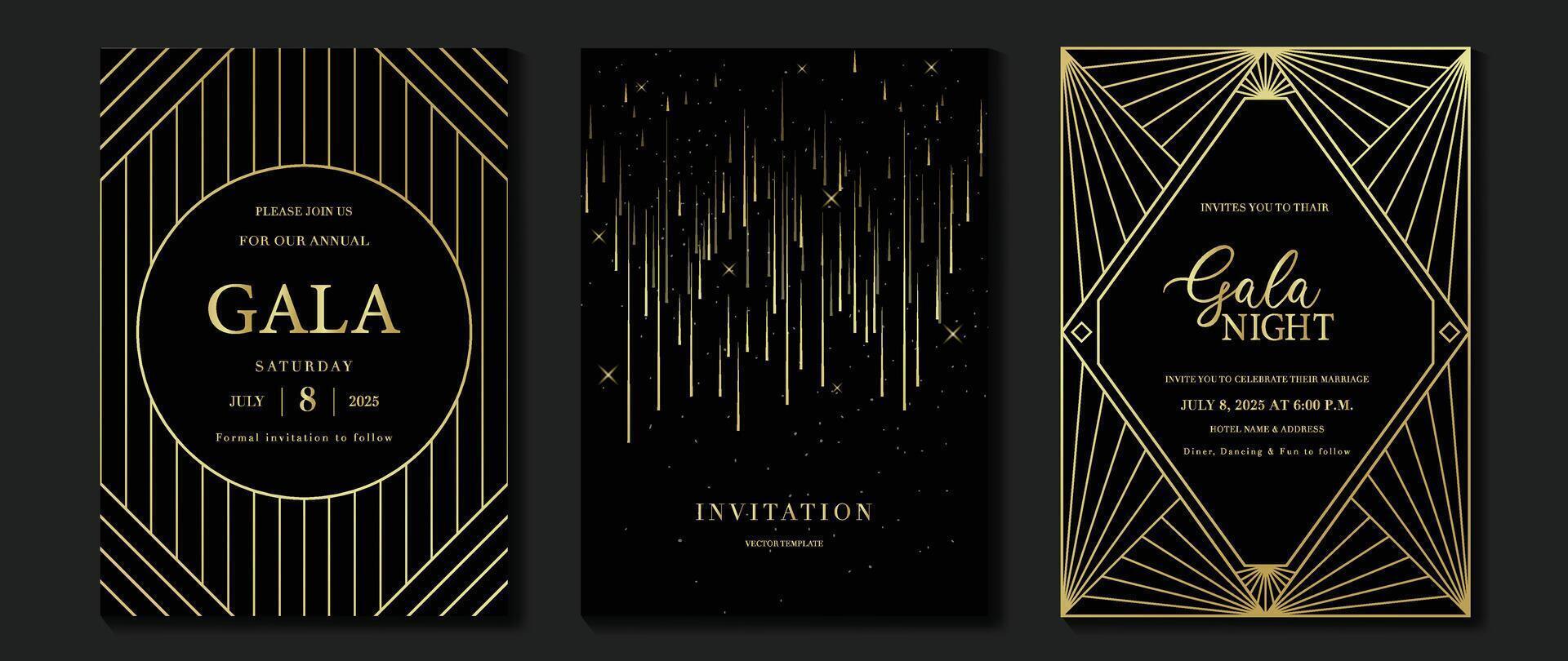 Luxury invitation card background . Golden elegant geometric shape, gold lines gradient on dark background. Premium design illustration for gala card, grand opening, wedding, party invitation. vector