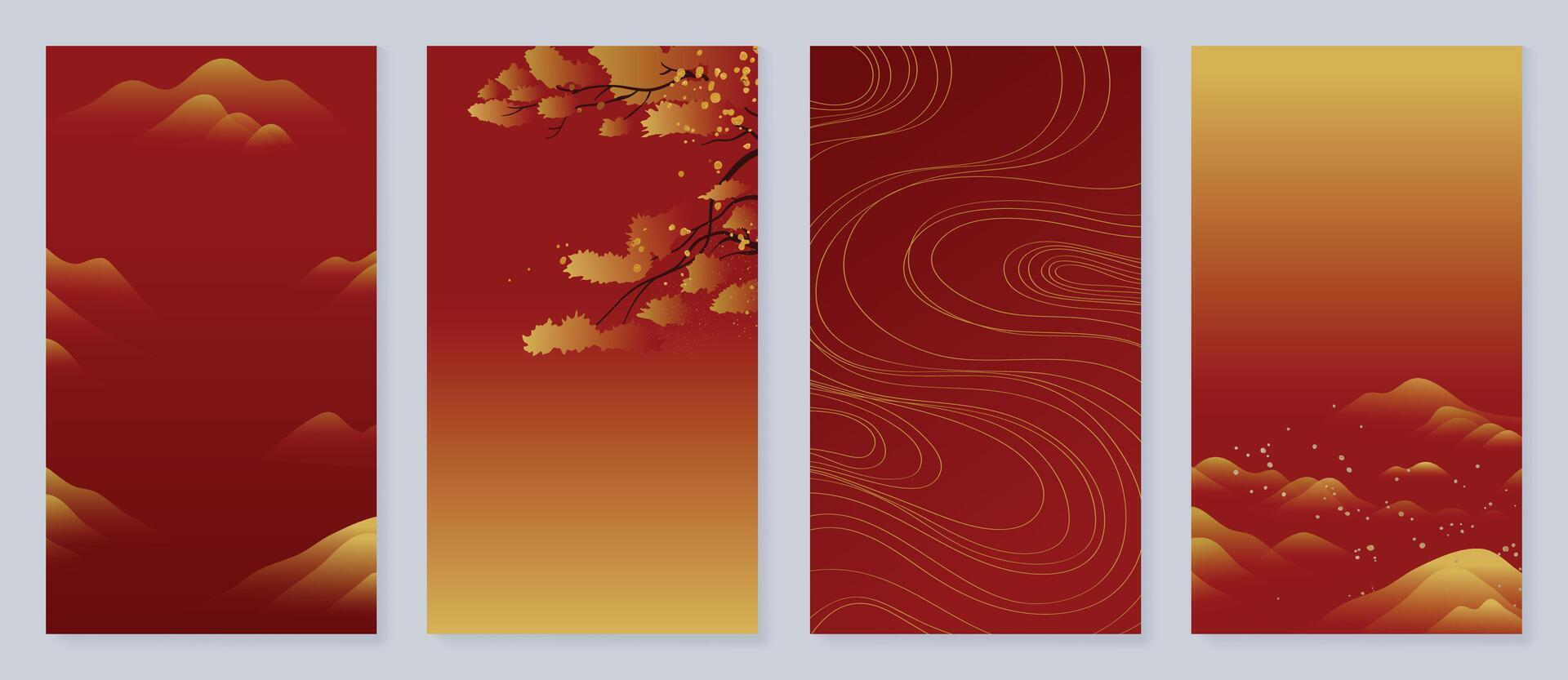 Happy Chinese New Year cover background . Luxury background design with golden glitter, tree, cloud, mountain, curve. Elegant oriental illustration for cover, banner, website, calendar, card. vector
