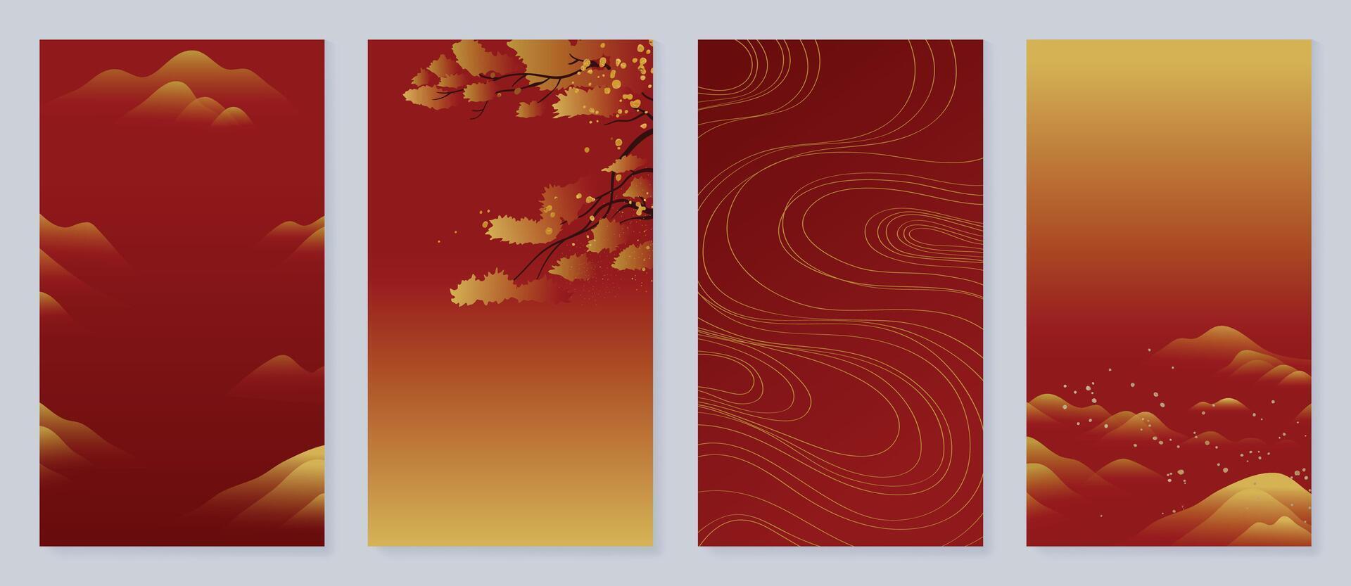 Happy Chinese New Year cover background . Luxury background design with golden glitter, tree, cloud, mountain, curve. Elegant oriental illustration for cover, banner, website, calendar, card. vector